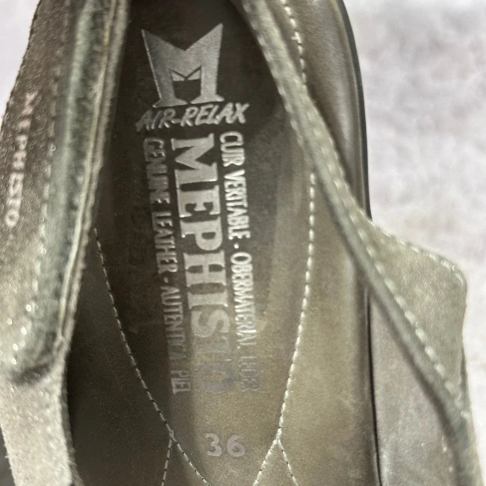 Mephisto Parfolia Wedge Sandals Womens 6 Steel Gray Iridescent Leather Strappy